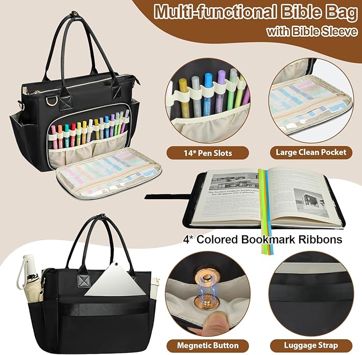 Veirdro Large Bible Tote Bag with Bible Cover Case for Women, Portable Church Bag with 13 Inch Laptop Compartment& 14 Pen Slots, Quilted Bible Purse with Shoulder Strap for Bible Study Supplies, Black