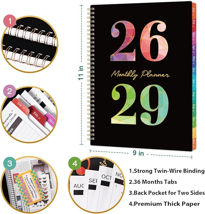 2026-2029 Monthly Planner - 3 Year Monthly Planner 2026-2029, July 2026 - June 2029, 36 Months Calendar with Colorful Tabs & Inner Pocket, 9" x 11"