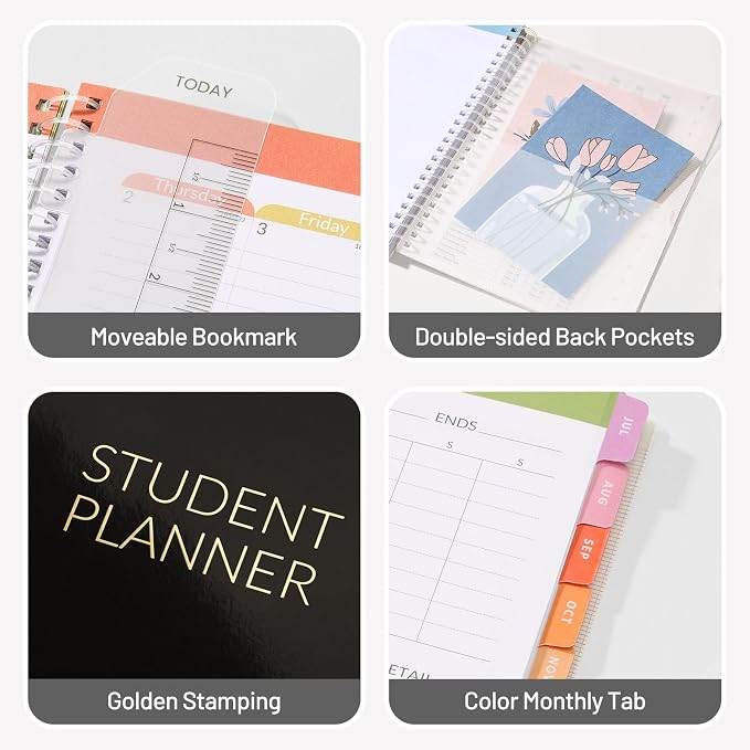 Student Planner 2026-2027, SUNEE Academic Weekly & Monthly Plan Book, Jul. 2026 - Jun. 2027, 6.5"×8.3" Middle & High School Planner, Lesson Plan Book with Week's Goals, Bookmark, Monthly Tabs, Black