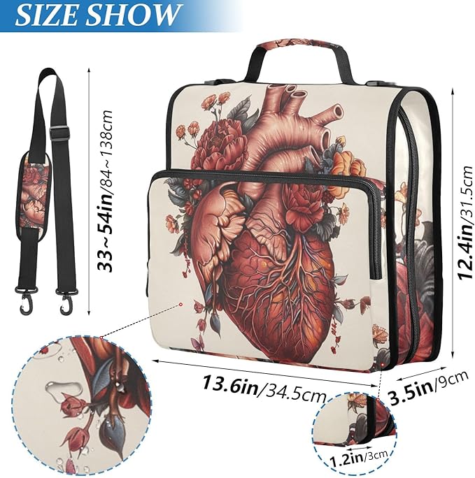 ALAZA Heart Flower Gothic 3 Ring School Zipper Binder Bag Expanding File Folder Case Briefcase with Shoulder Strap