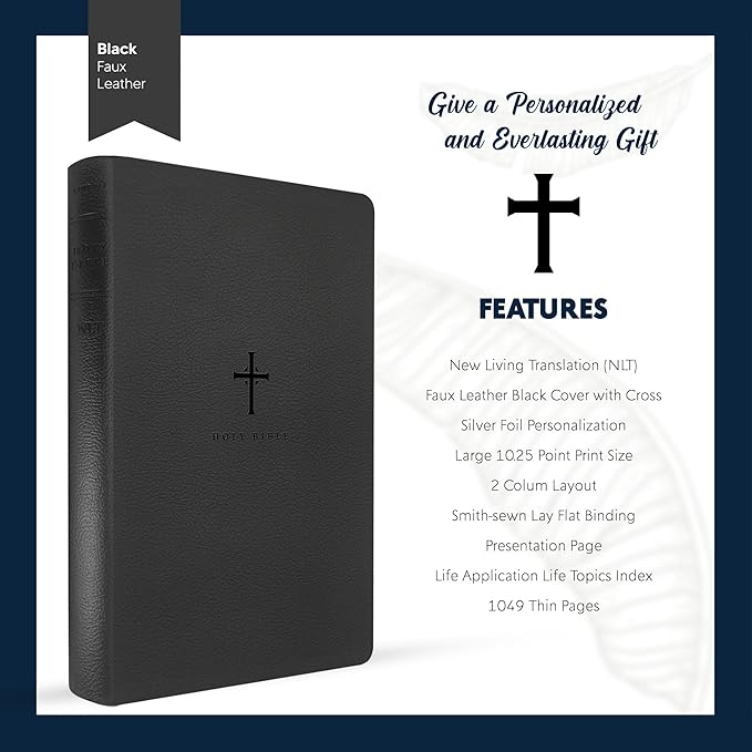 Personalized NLT Bible New Living Translation Thinline Faux Leather Holy Bible with Custom Name in Silver | Large Print | Custom Gift for Religious Celebrations | Black