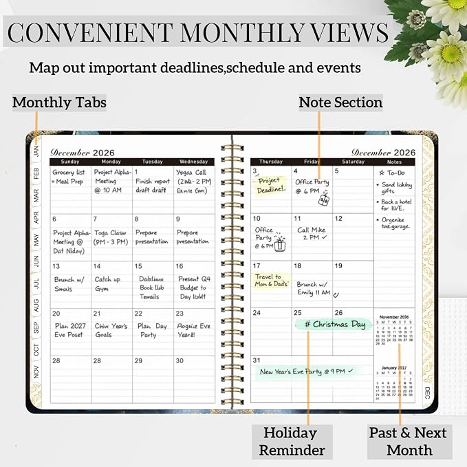 2026 Planner Weekly and Monthly,Jan 2026 to Dec 2026,A5 Hardcover Academic Appointment Book with Tabs,100GSM Thick Paper,Back Pocket Bookmark Ruler,Cute Black Butterfly Agenda for Women Teachers Students