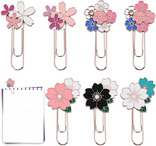 7Pcs Flower Paper Clips Cherry Blossom Clip, Decorative Fancy Paper Clips, Flowers Paper-Clips Bookmarks Cute Metal Paperclip Bookmark for Teacher Office Desk Stationery Accessories