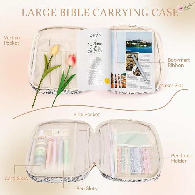 Bible Cover Case for Women Large Quilted Bible Carrying Bag with Handles Bible Study Supplies & Accessories Christian Gifts for Women(Big Blue Flower, M)