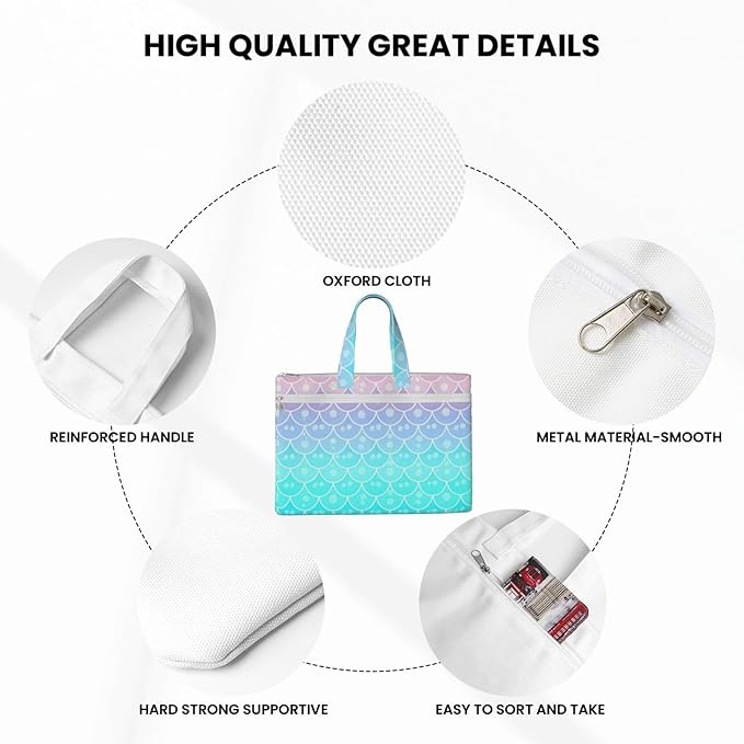 Canvas Zippered Document Bag with Handle, Waterproof Foldable File Storage Pouch Mermaid Scales Pastel Pink Purple Aqua Teal for Office Meetings