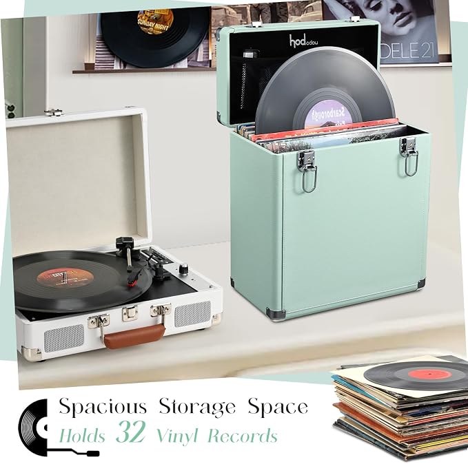 Hododou Vinyl Record Storage Box with Lock Record Organizer Storage for 30+ Single Records 12-inch Water Resistant Collapsible Storage Crate with Lid Handle Mesh Pouch for Valuable Album Collection
