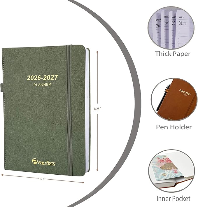 Daily Planner 2026-2027, One Page Per Day, Academic Calendar (July 2026 - June 2027), Appointment Book with Time Slots and Monthly Tabs, 5.7" x 8.25", Pocket, Leather Cove (Green)