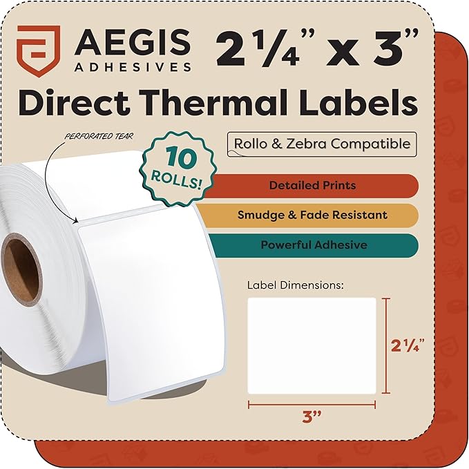 Aegis Adhesives - 2.25" X 3" Direct Thermal Labels (6000 Count, 12 Rolls) - Postage Shipping Labels, Barcode Stickers, Product Identification - Compatible with Zebra and Rollo Printers