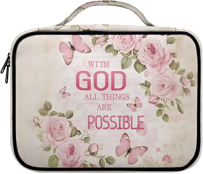 Pink Roses Butterfly Bible Covers for Women Men Zippered Bible Carrier Book Bag, with GOD All Things are Possible Print Church Bag Bible Protective with Handles Christian Gifts