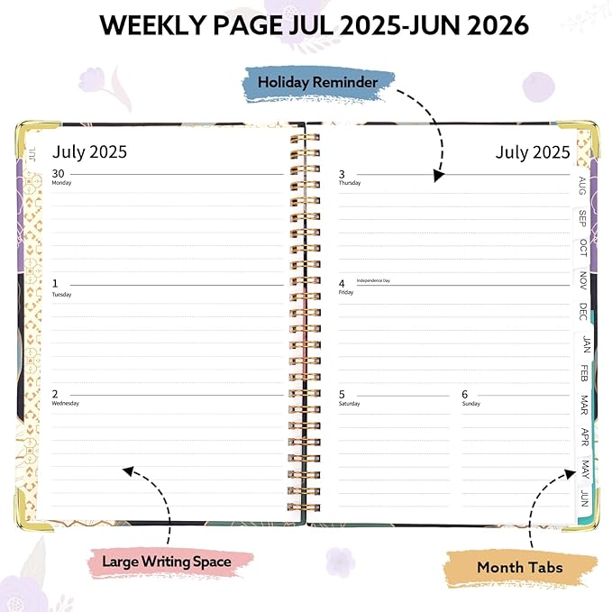 2025-2026 Academic Planner, A5 (6.5" x 8.5") Weekly and Monthly Planner, July 2025 - June 2026, Calendar Planner with Tabs, Inner Pocket for Home School Office Supplies, Blue Flower