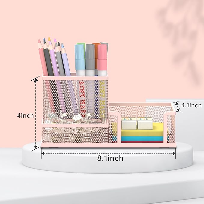 SUPEASY Mesh Pen Holder Desk Organizer, Office Supplies Pencil Storage with 3 Compartments, Office Desk Accessories and Workspace Organizers for Home School Classroom, Pink