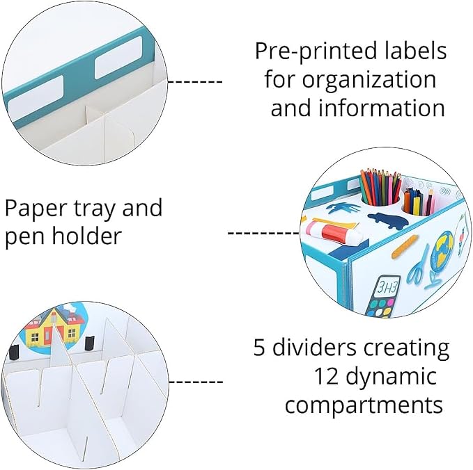 Lavatelli: School Organizer Box - Lid & Handles, Decorative Cardboard Storage, Dividers, Pen Holder, Classroom-Home-Office-Desk, 12.8 x 8.9 x 5.9