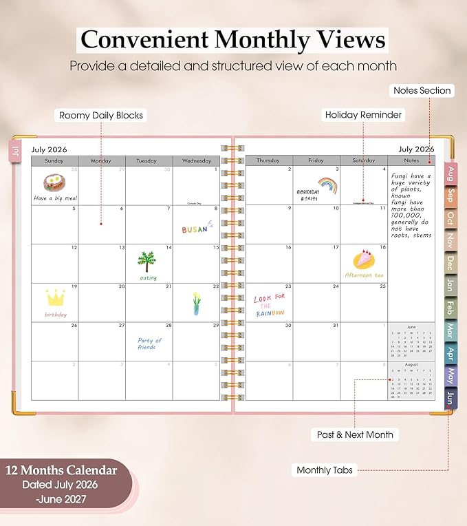 Academic Planner 2026-2027, Hardcover Leather Weekly and Monthly Calendar Planner from July 2026 - June 2027, A4 8.5" x 11" Daily Agenda with Tabs, College School Organizer for Student Teacher, Pink