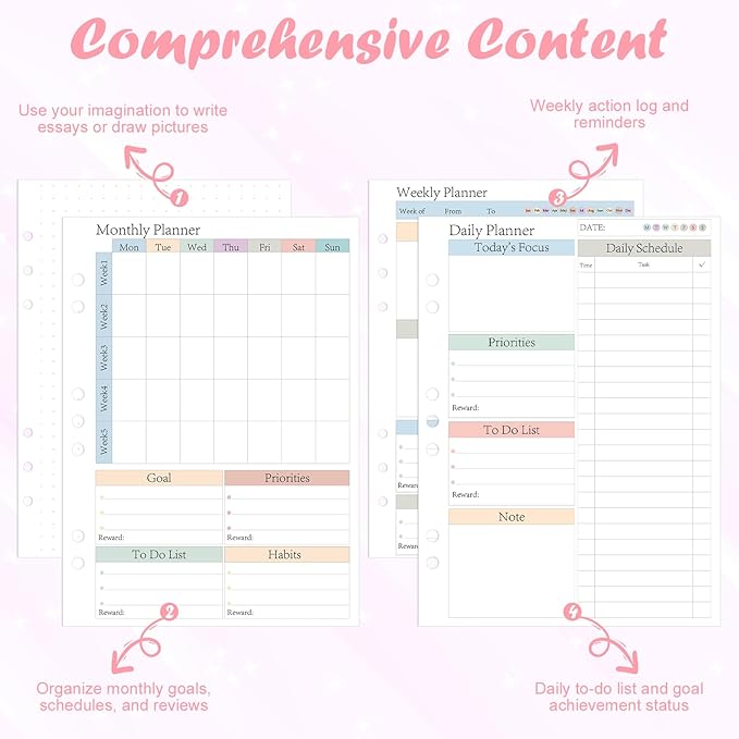 ADHD Half Letter Planner Refill Pages Planner Inserts 5.5" x 8.5" for 3/7 Ring Binder Daily Weekly Monthly 240 Sheets/480 Pages Undated Planners Colorful To Do List 7-Hole Refill Paper 120 GSM Thick Loose Leaf Paper Punched for 3 Months Neurodivergent ...