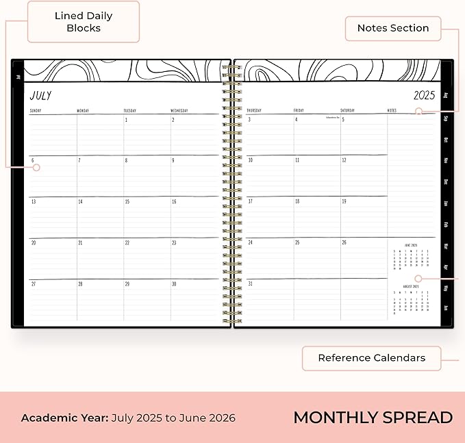 Blue Sky Idlewild 2025-2026 Weekly and Monthly Academic Year Planner Calendar, July 2025 - June 2026, 8.5" x 11", Flexible Cover, Wirebound, Laminated Tabs, Storage Pocket, Black Swirl