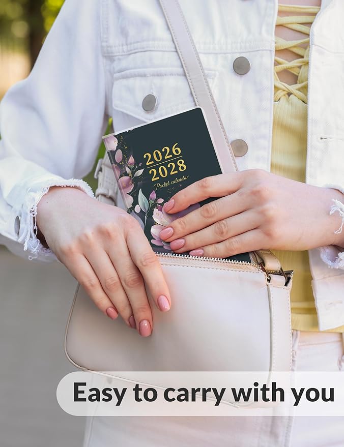 SUNEE Pocket Calendar May 2026 to June 2028 - Two Year Monthly Planner Small Calendar 3.5" x 6" Organizer for Daily & Yearly Schedule - Compact Agenda Notebook for School, Work, Women, Purple Flower