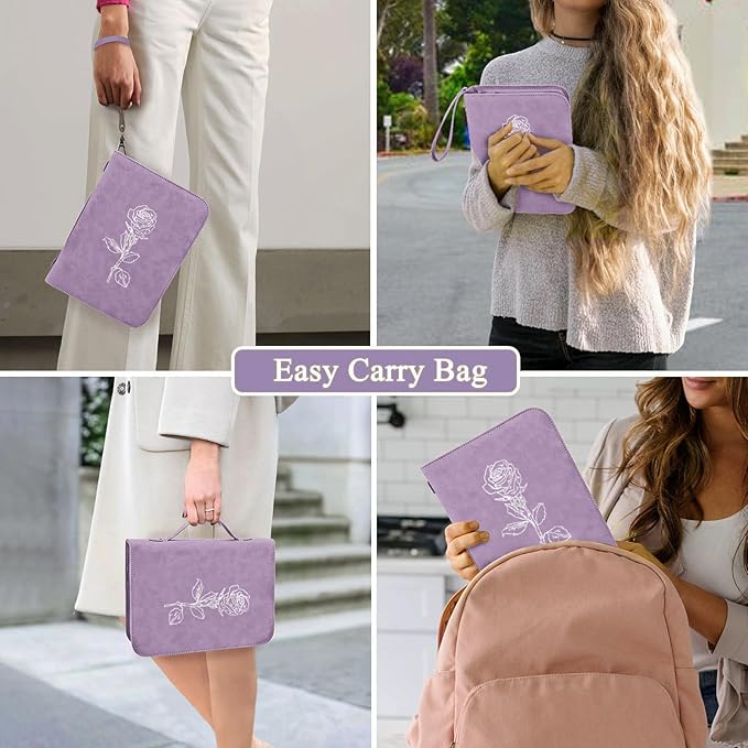 CITYCHASE Elegant Rose Design Bible Cover Case with Bible Study Supplies Highlighters Pens Bookmark Leather Bible Cover Case for Women Gift for Christians (Purple Pro)