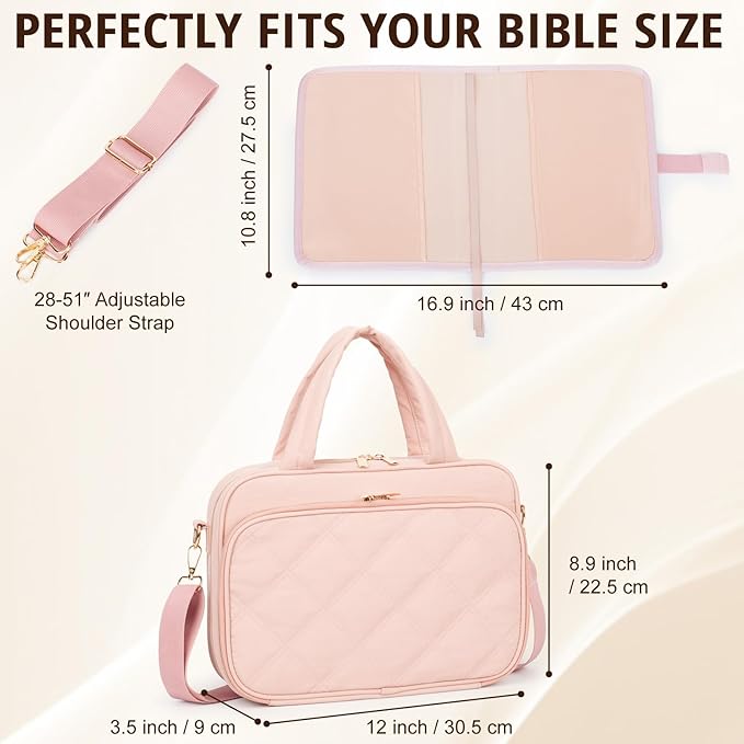 Large Bible Cover for Women,2 Compartments Bible Carrying Case With Handles Shoulder Strap, Soft Puffy Quilted Bible Bags With Book Cover Organizer, Bible Tote For Church Study Supplies Accessories