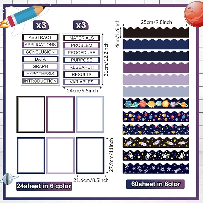 Fuyoooo 90 Pcs Science Fair Board Supplies 60 Trim Scalloped Bulletin Borders 24 Presentation Board Subtitles 6 Science Fair Titles for Classroom Display Boards(Space)