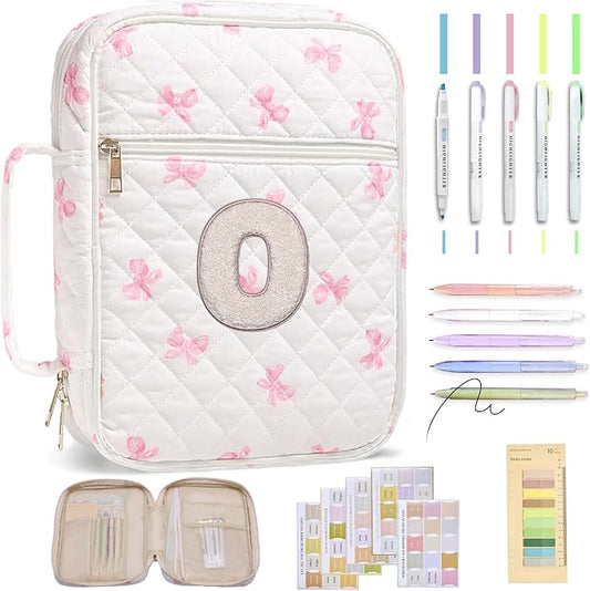 Personalized Initial Bible Cover Case for Women – Large Quilted Bible Bag with Handle, Chenille Letter, Bible Study Kit, Christian Gift for Mom, Grandma & Daughter (Pink Bow-O)