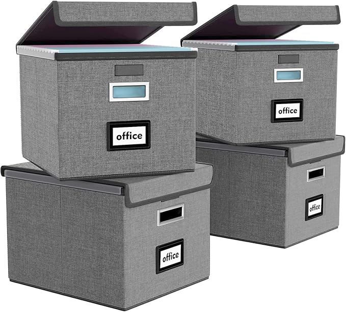 File Organizer Box with Lid, Collapsible File Folder Organizer for Office Document Storage, Filing Box with Plastic Slide for Letter/Legal Size Hanging Files, Dark Grey