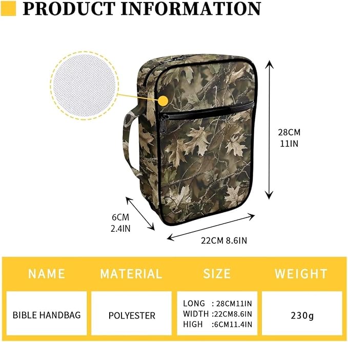 Suobstales Green Hunting Camo Print Bible Cover Carrying Book Case for Women Men Lightweight Bible Bag Bible Protective with Handle and Zippered Pocket