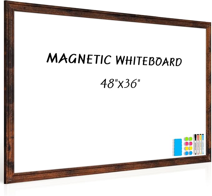 Large White Board for Wall, 46.5''x34.7'' Magnetic Dry Erase Board, 4'x3' Decorative Whiteboard with Brown Vintage Wooden Frame, Hanging Writing Board for Home Office School Dorm