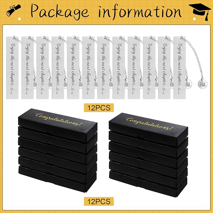 12set Graduation Gifts Bulk for Class of 2026 Students, Charm Bookmark with Gift Box Inspirational Grad Gifts for 2026 Senior High School Classroom Students Teacher Graduation Party Favors (Classic)
