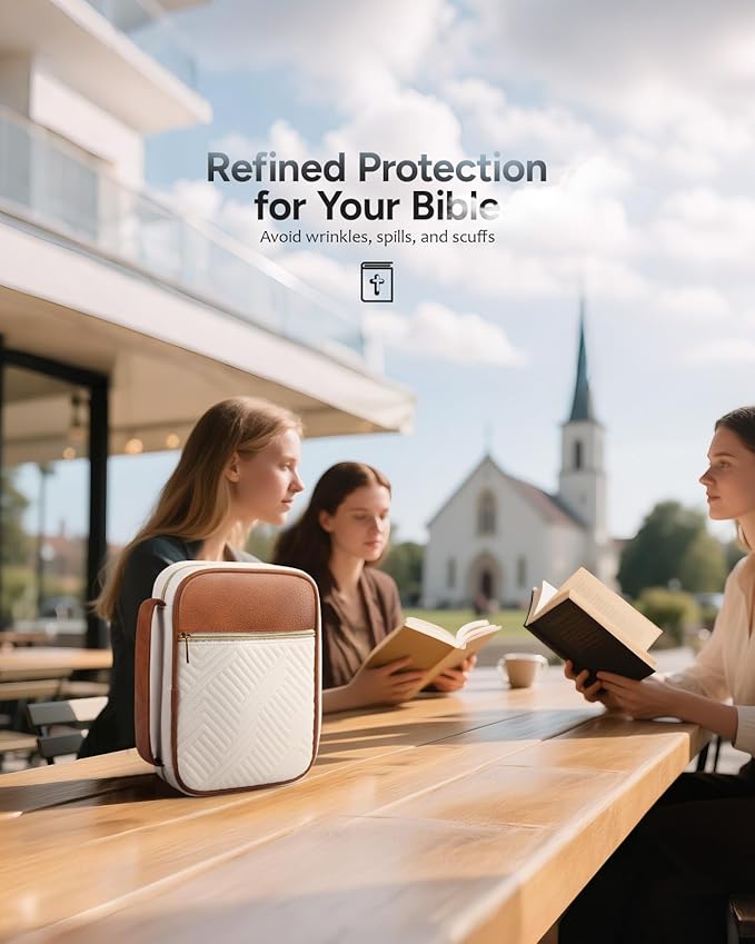 BellaHold Quilted Vegan Leather Bible Cover, Color-Blocked Bible Cover Case for Women, Large Bible Carrying Case with Handle, Bible Study Supplies & Christian Gift for Women (White & Brown, M/L)