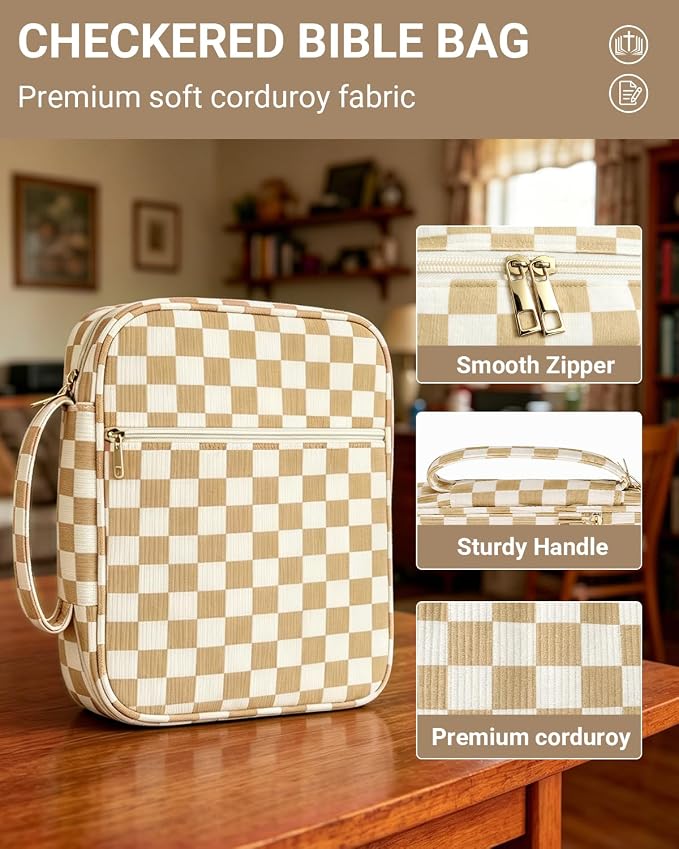 Bible Cover case for Women,Large Bible Bag,Bible Study Supplies,Checkered Corduroy Bible Case for Girls,Christian Gifts for Women,Mother's Day(Khaki Large)