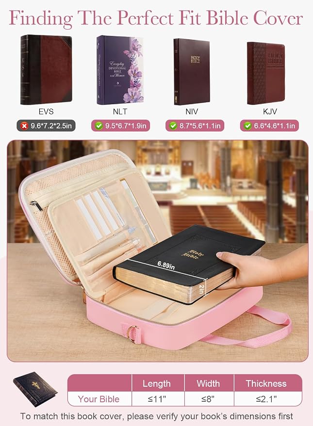Pink Quilted Bible Bag with Study Supplies for Girls, Large Bible Cover Case for Women w/Journaling Highlighters Set & Shoulder Strap, Ladies Bible Holder Christian Gifts for Women & Teens
