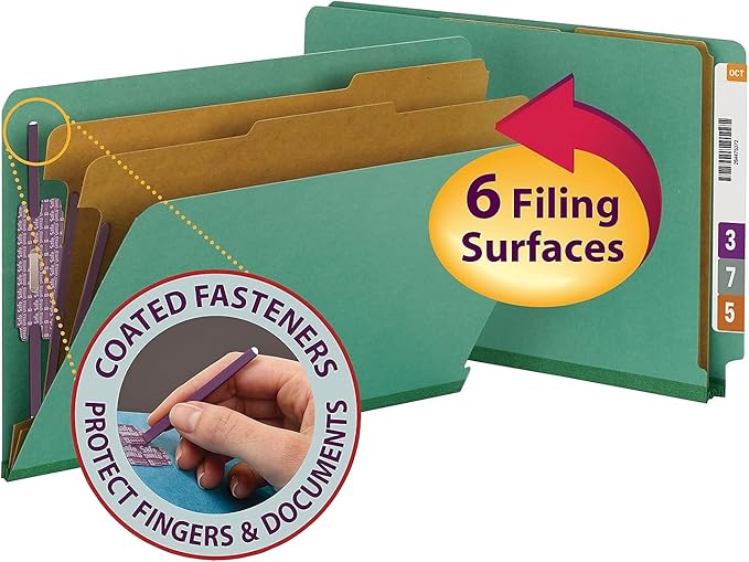 Smead End Tab Classification Folder, Legal, Straight, 2 Dividers, Green, 10 per Box (29785)