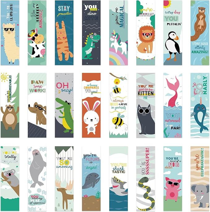 24 Pcs Animal Pun Bookmarks, Motivational Paper Book Marks Fun Bookmarks for Reading Kids, Book Marks for Kids Bulk, Classroom Rewards (5.5 * 1.6)