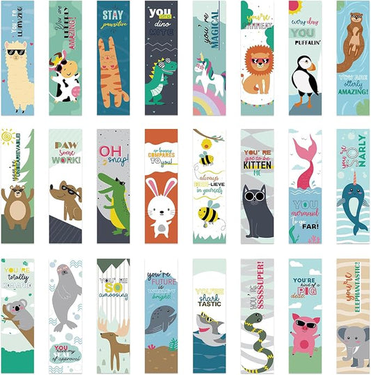 24 Pcs Animal Pun Bookmarks, Motivational Paper Book Marks Fun Bookmarks for Reading Kids, Book Marks for Kids Bulk, Classroom Rewards (5.5 * 1.6)