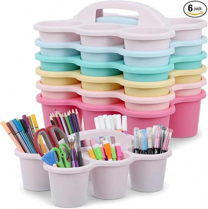 Plastic Caddy with Handle Set of 6 Classroom Caddy Organizer Cup Caddies Water Bottle Storage Crayon Caddies Plastic Cup Holder Drink Carrier for School Home Office Supplies (Pink Purple)