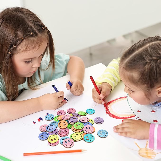 FYSUIMU 45 Pcs Glitter Smile Extra Tokens for Reward Jar Colorful Happy Face Wooden Cutouts Tokens with Linen Pocket for Back to School Classroom Student Teacher