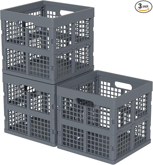 18 L Plastic Collapsible Crates, Gray Foldable Storage Crate, 3 Pack