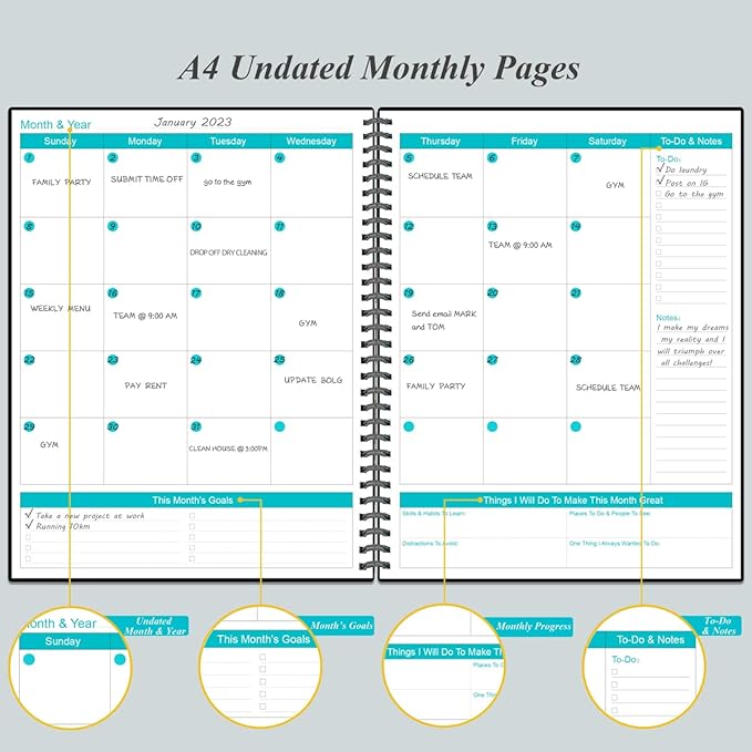 Undated Planner Pro - 8.5" x 11" Weekly & Monthly Planner to Achieve Goals & Increase Productivity, 12 Months Undated Agenda Daily Planner, Start Anytime, Black