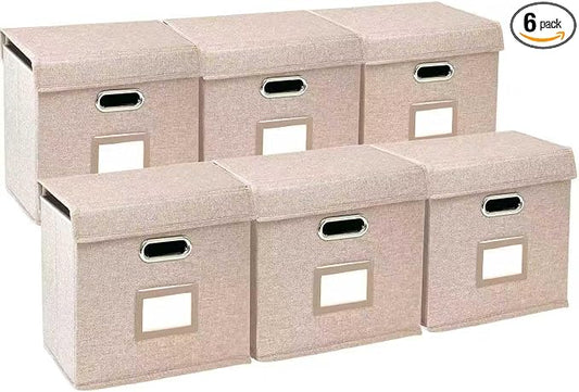 6 Pack Hanging File Folder Box with Lid, Durable Letter Size Filing Storage Box, Sturdy File Holder with Cardboard Support PVC Rails for Office Home Organizer, Beige