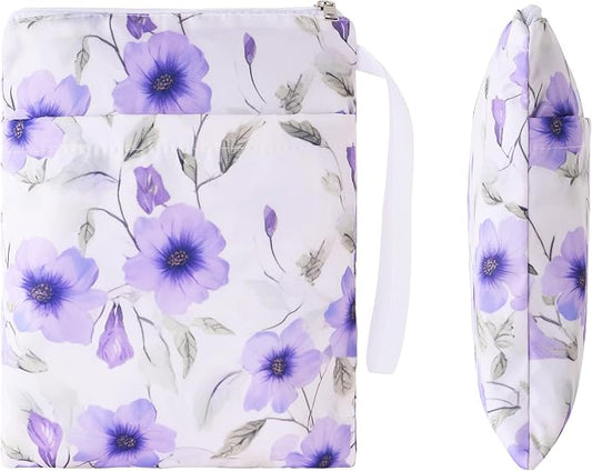 Book Sleeve with Zipper, 11''x 9'' Waterproof Paperback Sleeve for Book Lovers Books Pouch Cover with Handle for Hardcovers Kindle Sleeve for Reader Teacher Women (Purple flower, 11x 9 inch)