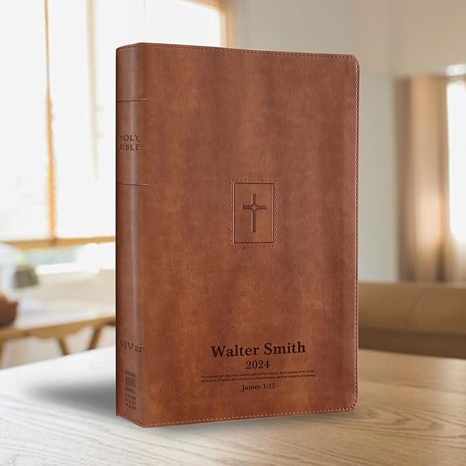 Personalized NIV Thinline Holy Bible Faux Leather Large Print Size | Custom with Name, Date or Text | Gift for Christian & Religious Celebrations | Brown