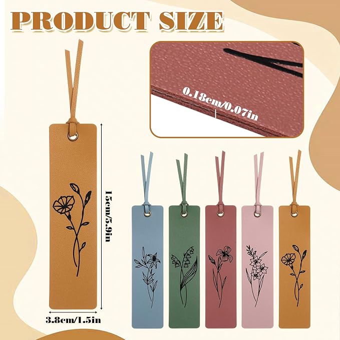 Resurhang 5 Pcs Flower Leather Bookmark for Reading with Rope Card Book Mark for Women Men Kid Floral Page Marker Gift for Book Lover Teacher School Student Bridal Shower Gift Bag(Cute Color)