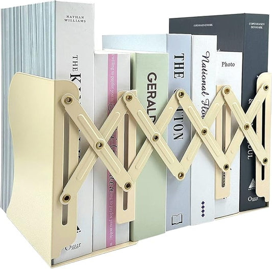 Adjustable Bookends, 19 inches 2 Dividers Heavy Duty Metal Book Holders, Book Storage Rack, Desk Organizer Magazine File Holder for Office, School, Bookstore and Home, Beige
