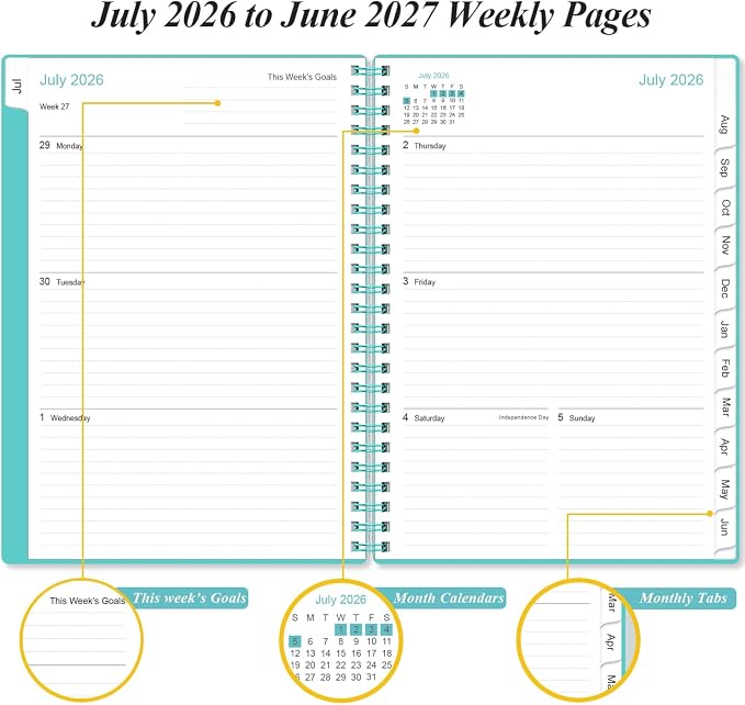 2026-2027 Planner - A5 Weekly & Monthly Planner Spiral Bound, July 2026 - June 2027, with Flexible Cover, Tabs, Inner Pocket, 6.4" x 8.5", Teal