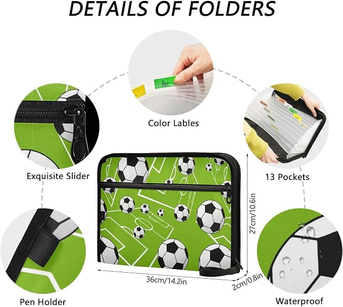 Cute Soccer Balls File Folders, Plastic Folders with 13 Pockets, Expandable File Folder for Documents School Students Office, Aesthetic Folder with Labels A4 Letter Size