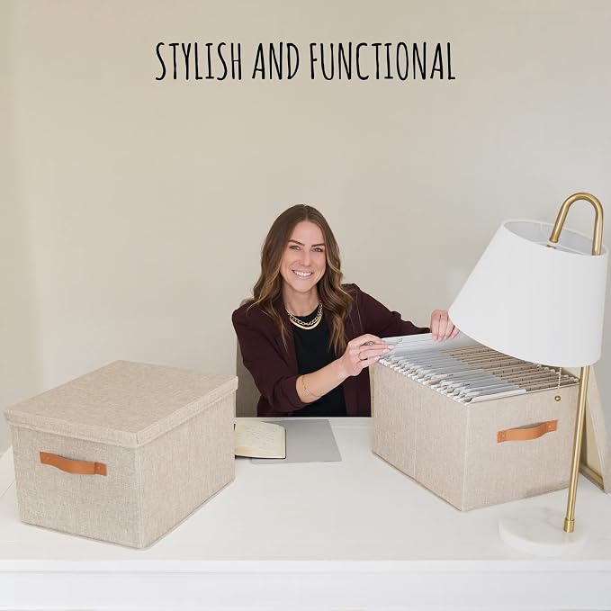 Decorative File Organizer Box Set of 2 - Collapsible Linen Filing Cabinets with Handles Are Perfect to Store All Your Documents & Hanging File Folders - Portable Easy Slide Office Crates with Lid