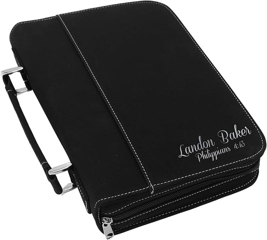 My Personal Memories Personalized Bible Cover Holder Case with Carrying Handle for Men and Women (Black with Silver)