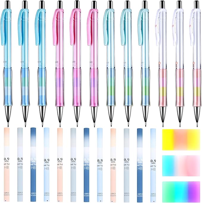 Boao 23 Pieces Pastel Mechanical Pencil Set, 12 Pcs 0.9 mm Cute Aesthetic Mechanical Pencils, 8 Tubes 120 Pcs Pencil Lead Refills 0.9 mm 3 Erasers for School Supplies Classroom Student Drawing Writing