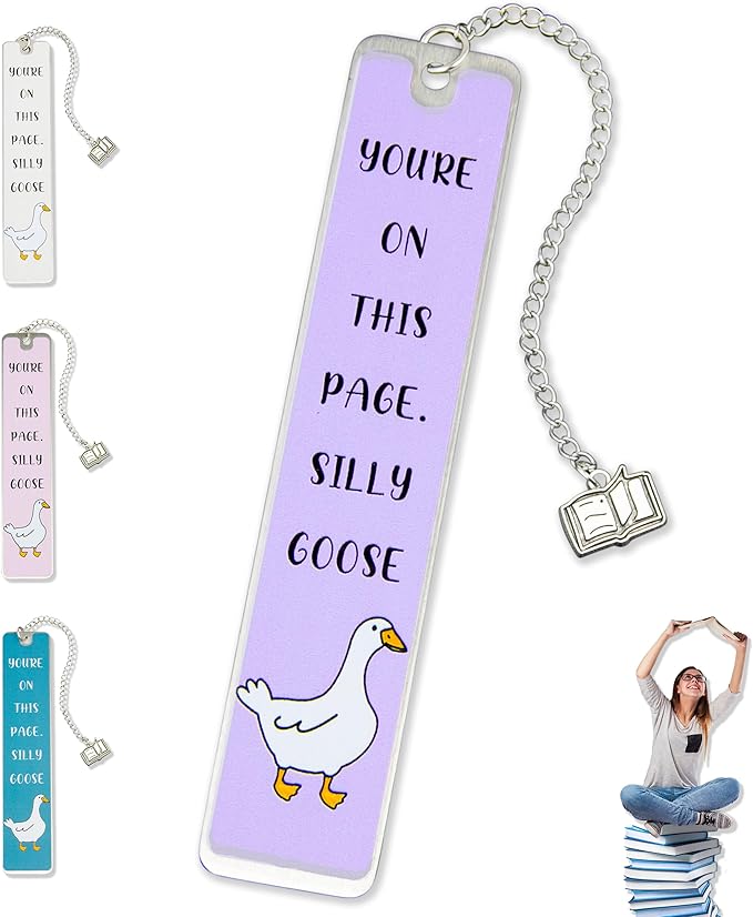 Silly Goose Bookmark, Cute Funny Bookmarks for Women Metal Book Mark Pink Bookworm Bookmark Bookish Accessories Cool Gifts for Book Lovers Reading Club Christmas Birthday Present (Lavender)