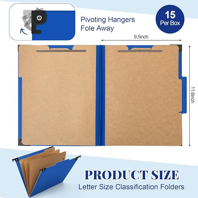 Henoyso 15 Pcs Hanging Classification File Folders, Letter Size Dark Blue Folders with 3 Pressboard Dividers, 8 Fasteners, 4 Inch Expansion, 1/3-cut Top Tab for Medical Records and File Cabinet